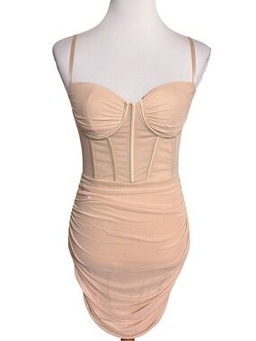 LINLAN Nude Bustier Ruched Bodycon Corset Mini Dress
